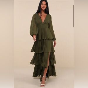 NWOT Lulus Graceful Finesse Olive Green Pleated Long Sleeve Maxi Dress-XL